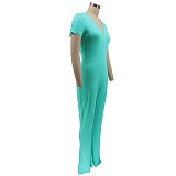 Short Sleeve V-neck Solid Flare Jumpsuit SFY-2160