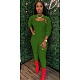 Solid Color Long Sleeve Mini Crop Top+Halter Jumpsuit 2 Pieces CQ-095