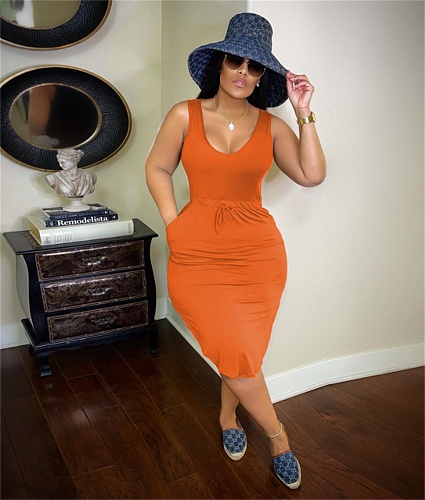Sleeveless Drawstring Waist Pockets Pencil Dress HGL-1848