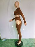 Long Sleeve Bandage Crop Top Hollow Out Pants Set BN-9317