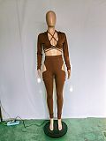Long Sleeve Bandage Crop Top Hollow Out Pants Set BN-9317