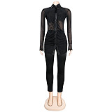 Black Mesh See Through Shirt Top Skinny Pants Set NY-2299