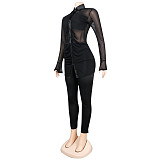Black Mesh See Through Shirt Top Skinny Pants Set NY-2299