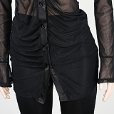 Black Mesh See Through Shirt Top Skinny Pants Set NY-2299