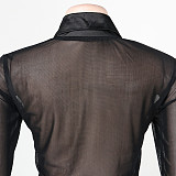 Black Mesh See Through Shirt Top Skinny Pants Set NY-2299