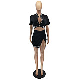 Short Sleeve Baseball Jacket Crop Top Mini Skirt Set WSM-5297