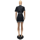 Short Sleeve Baseball Jacket Crop Top Mini Skirt Set WSM-5297