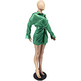 Long Sleeve Turn Down Collar Lace Up Ruched Dress WSM-5295