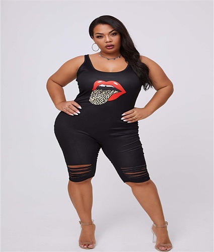 Lips Printed Sleeveless Hole Skinny Rompers RS-759