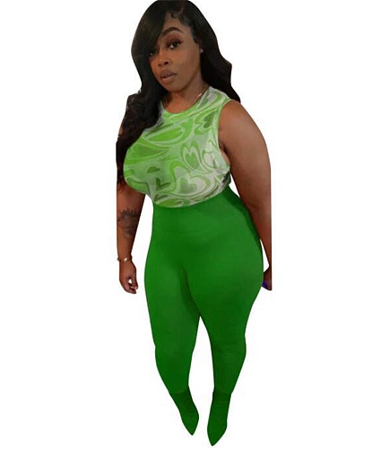 Hipster Mesh Heart Print Tank Tops and Pants Set MOF-6686