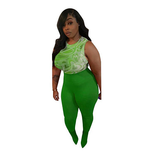 Hipster Mesh Heart Print Tank Tops and Pants Set MOF-6686