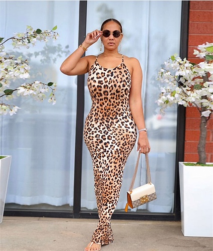 Leopard Print Backless Floor Length Maxi Slip Dress FSX-342