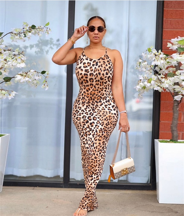 Leopard Print Backless Floor Length Maxi Slip Dress FSX-342