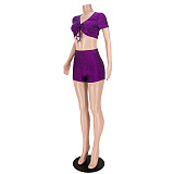 V Neck Short Sleeves Drawstring Crop Top Shorts Sets ASL-6569