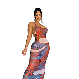 Aesthetic Print See Through Mesh Halter Backless Dress MEM-88431