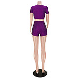 V Neck Short Sleeves Drawstring Crop Top Shorts Sets ASL-6569