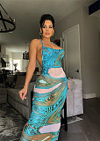 Aesthetic Print See Through Mesh Halter Backless Dress MEM-88431