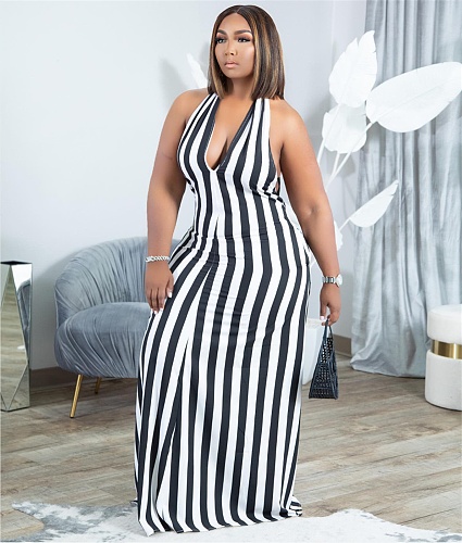 Chic Striped Printed Halter V-neck Backless Maxi Dress FNN-8665