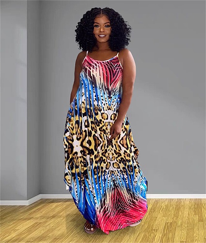 Loose Sleeveless Print with Pocket Floor Length Dresses QZX-6247