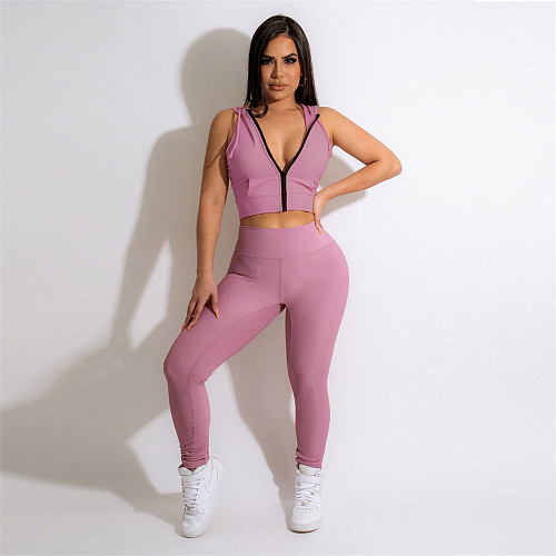 Zipper Hooded Sleeveless Crop Top Skinny Pants Suits NY-7257