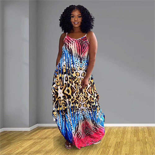 Loose Sleeveless Print with Pocket Floor Length Dresses QZX-6247