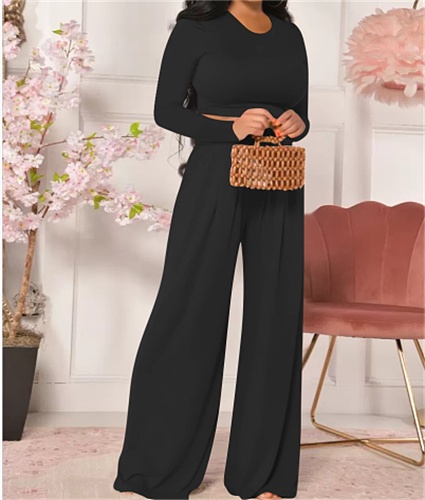 Simple Long Sleeve Crop T-shirt Wide Leg Pant Outfits YD-8522