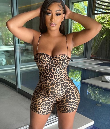 Leopard Print Skinny Spaghetti Strap Backless Rompers MEY-20764