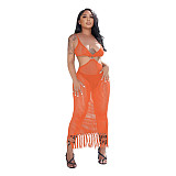 Hollow Out Knitted Tassel Beach Backless Maxi Dress TR-1202