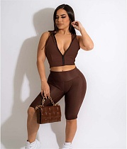 Sleeveless Hooded Zip Crop Top+Biker Shorts Tracksuit LSD-82066