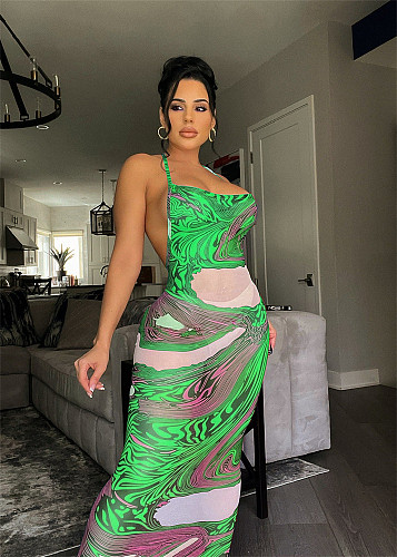 Aesthetic Print See Through Mesh Halter Backless Dress MEM-88431