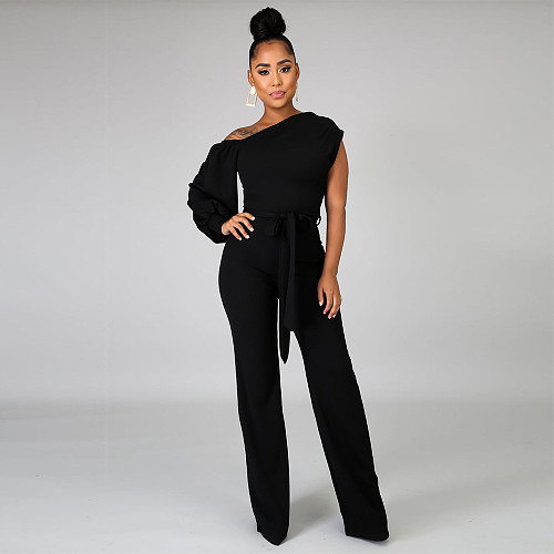 Single Shoulder Lace Up One Piece Wide Leg Jumpsuit YF-10113
