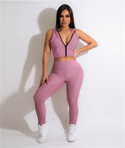 Zipper Hooded Sleeveless Crop Top Skinny Pants Suits NY-7257