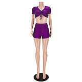 V Neck Short Sleeves Drawstring Crop Top Shorts Sets ASL-6569