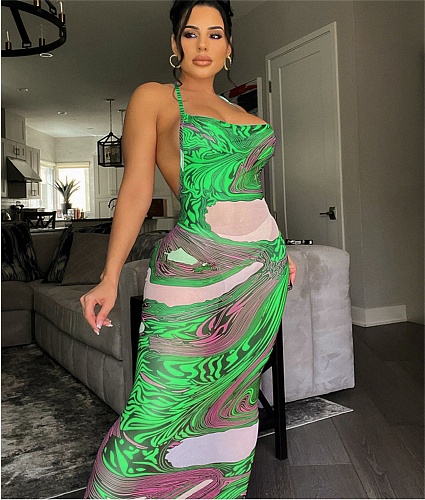 Aesthetic Print See Through Mesh Halter Backless Dress MEM-88431