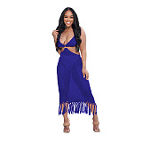 Hollow Out Knitted Tassel Beach Backless Maxi Dress TR-1202