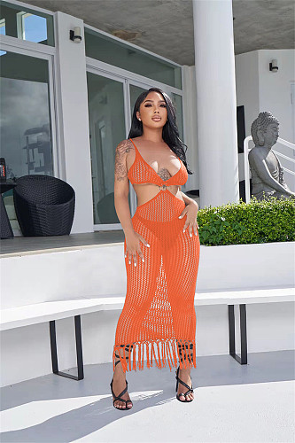 Hollow Out Knitted Tassel Beach Backless Maxi Dress TR-1202