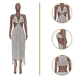 Hollow Out Knitted Tassel Beach Backless Maxi Dress TR-1202