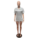 Short Sleeve Bronzing T-Shirt Casual Biker Shorts Outfit FE-224