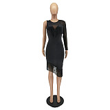 Mesh Patchwork One Long Sleeve Tassel Bodycon Dress WSM-5299
