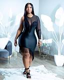 Mesh Patchwork One Long Sleeve Tassel Bodycon Dress WSM-5299