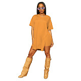 Solid V Neck Short Sleeve Side Split T Shirt Shorts Set FOS-8216