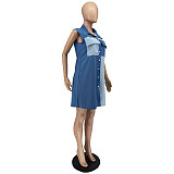 Turn Down Collar Patchwork Pockets Loose Shirt Dress WSM-5310
