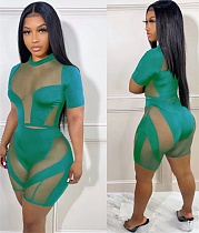 Mesh Patchwork Short Sleeve Crop Top Biker Shorts Sets MOF-6687