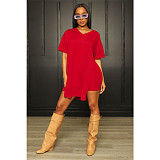 Solid V Neck Short Sleeve Side Split T Shirt Shorts Set FOS-8216