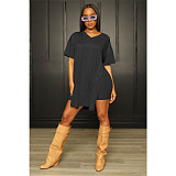 Solid V Neck Short Sleeve Side Split T Shirt Shorts Set FOS-8216