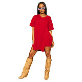 Solid V Neck Short Sleeve Side Split T Shirt Shorts Set FOS-8216
