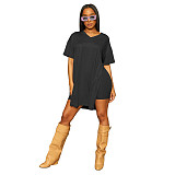 Solid V Neck Short Sleeve Side Split T Shirt Shorts Set FOS-8216
