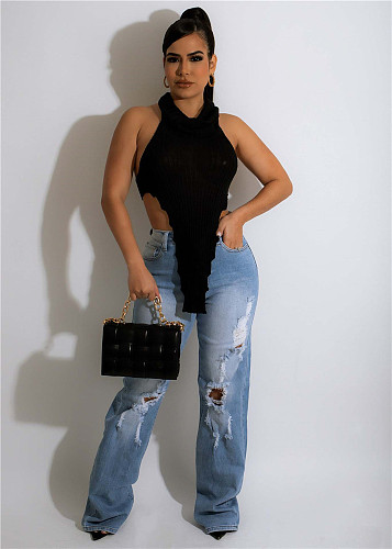 Turtleneck Halter Backless Irregular Sexy Crop Top WSM-5308
