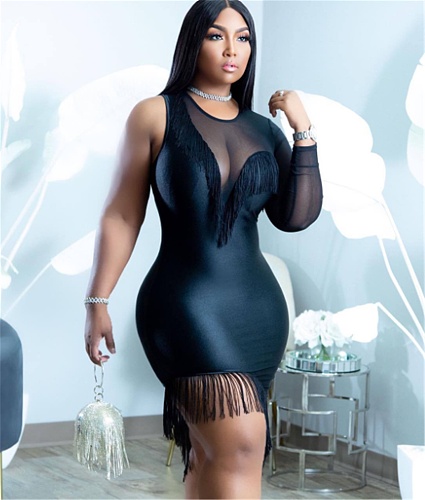 Mesh Patchwork One Long Sleeve Tassel Bodycon Dress WSM-5299