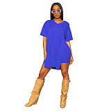 Solid V Neck Short Sleeve Side Split T Shirt Shorts Set FOS-8216